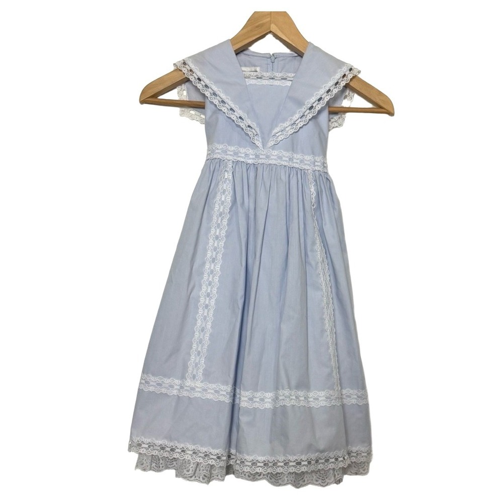 Jessica McClintock Girl's VTG Dress Lace Pleated Sailor Collar Baby Blue Sz 4